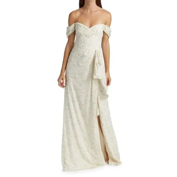 ML MONIQUE LHUILLIER Women's Off-the-Shoulder Metallic Chiffon Gown Beige 4 NWT